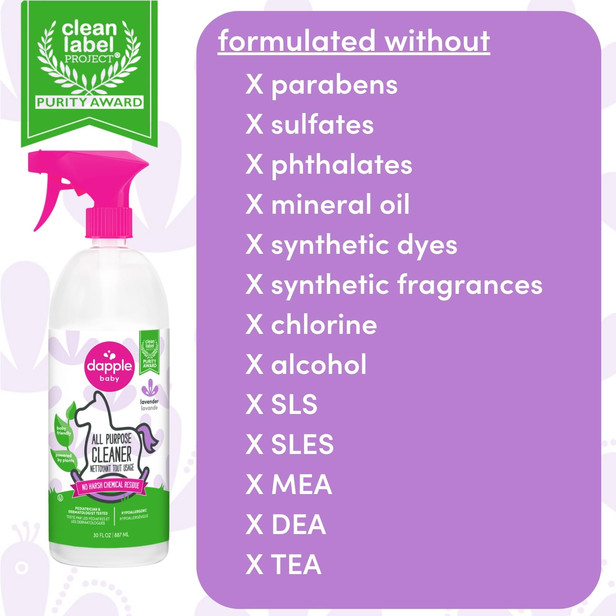 Dapple Baby All Purpose Cleaning Spray, Hypoallergenic for Toys, High Chairs, Swings, Counters, Powered by Plants, 1 Pump Included, Lavender, 30 Fl Oz