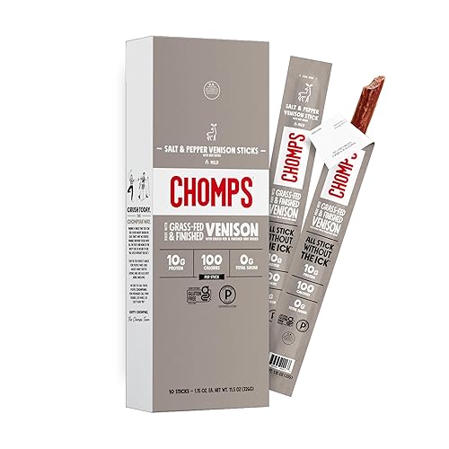 Chomps Grass-Fed & Finished Salt & Pepper Venison Jerky Meat Snack Sticks 10-Pack - Keto, Paleo, Low Carb, Whole30 Approved, 10g Lean Meat Protein