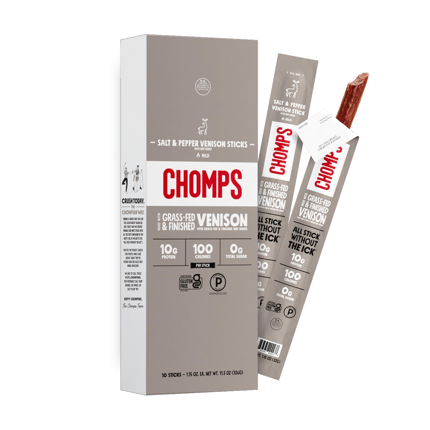 Chomps Grass-Fed & Finished Salt & Pepper Venison Jerky Meat Snack Sticks 10-Pack - Keto, Paleo, Low Carb, Whole30 Approved, 10g Lean Meat Protein