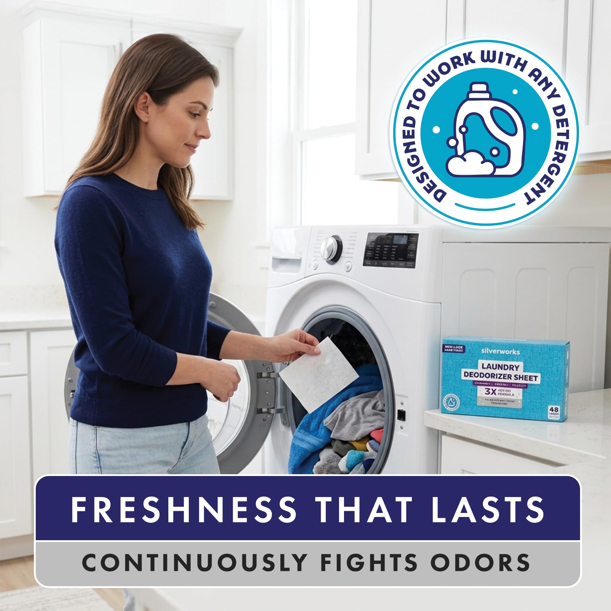 SilverWorks! Deodorizer Laundry Odor Eliminator For Clothes - Natural Silver Ion Infused Washer Sheets - Laundry Deodorizer Odor Eliminator - Lasting