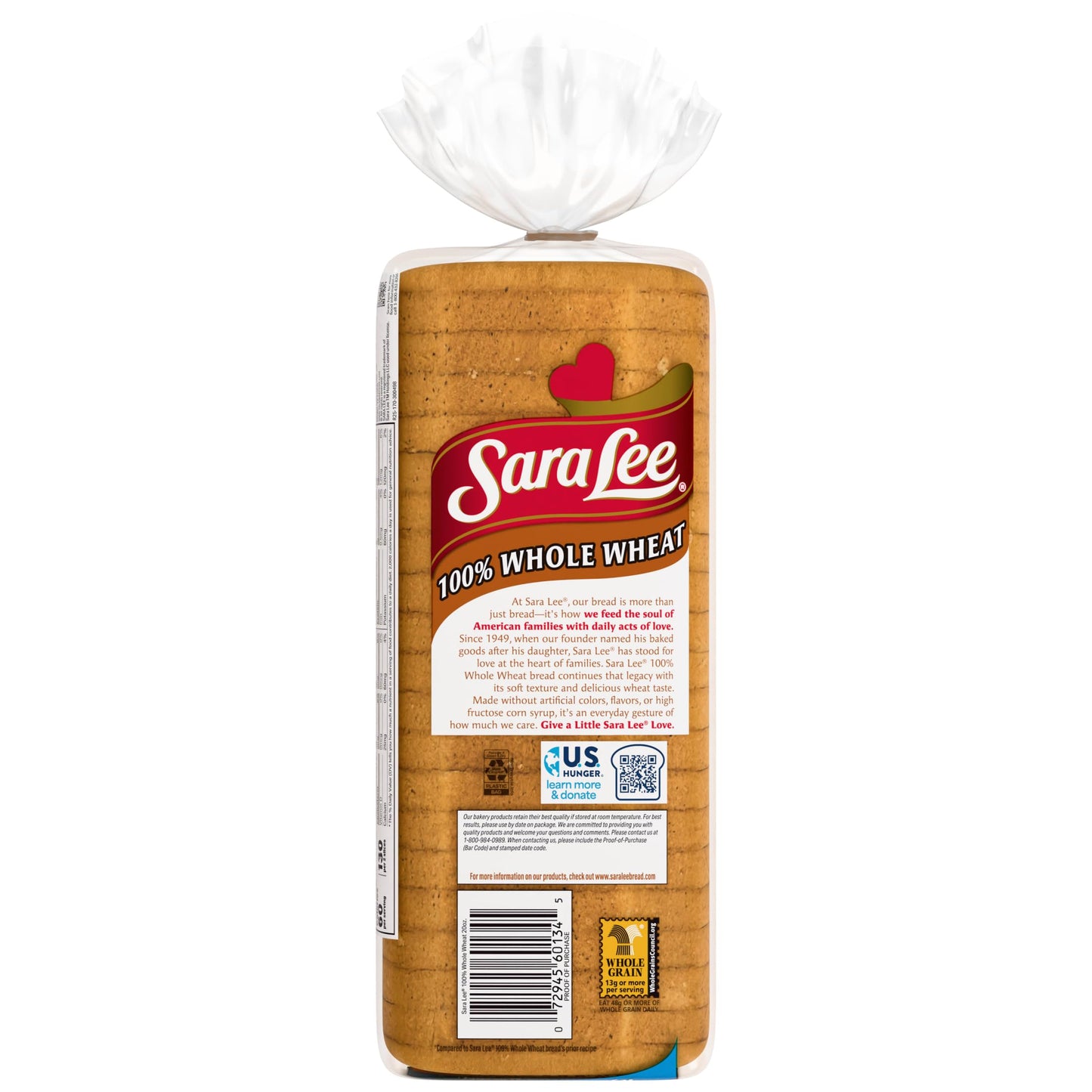 Sara Lee 100% Whole Wheat Sandwich Bread, 20 Oz Loaf of Wheat Bread With No Artificial Colors or Flavors