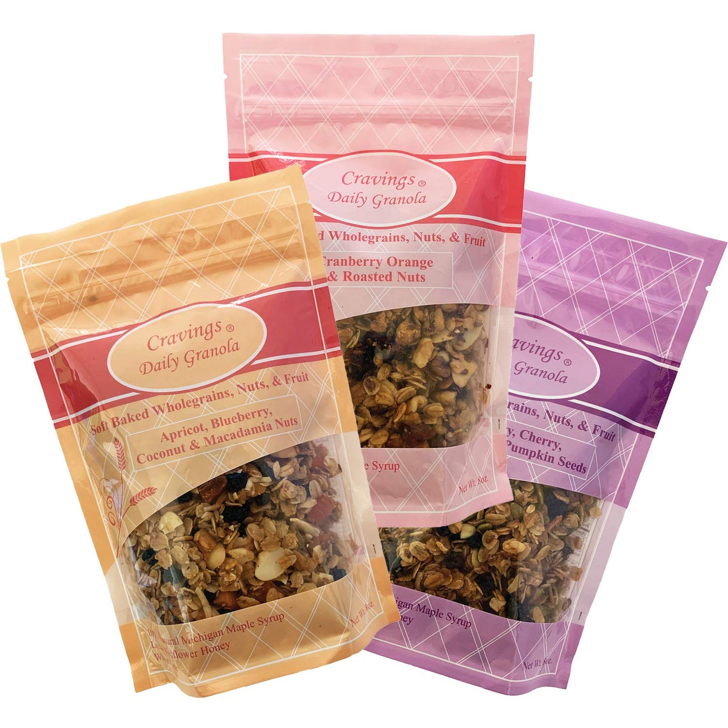 Cravings Daily Granola Variety- 3 Pack- Apricot, Blueberry, Coconut & Macadamia Nut, Cranberry, Orange & Roasted Nut and Blueberry, Cherry, Cranberry