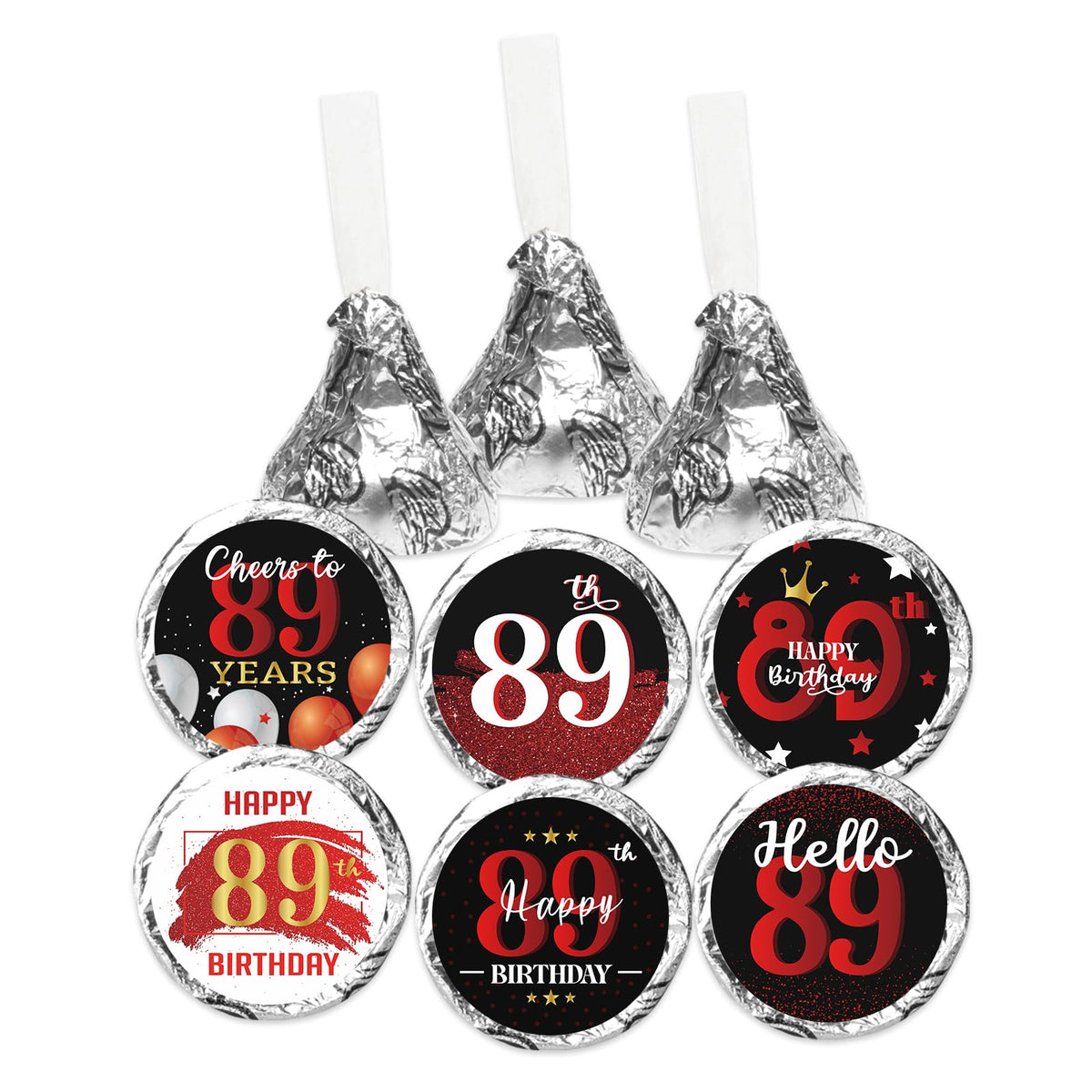Happy 89th Birthday Party Favor Labels Chocolate Kisses Candy Stickers - 89 Years Old Birthday Round Candy Sticker Party Favors - Black and Red - 150