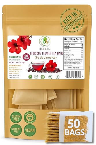 Hibiscus(Jamaica) Premium Flowers Tea Bags - 50 Count (2 g Each) - 100% Natural - Vacuum-Sealed for Freshness - Non-GMO, Sugar-Free, Gluten-Free