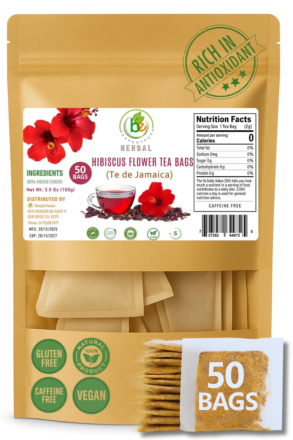 Hibiscus(Jamaica) Premium Flowers Tea Bags - 50 Count (2 g Each) - 100% Natural - Vacuum-Sealed for Freshness - Non-GMO, Sugar-Free, Gluten-Free