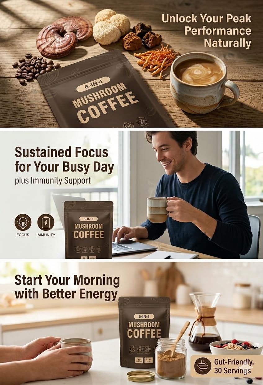 Mushroom Coffee 6 Mushrooms for Gut Health, Energy and Focus Support