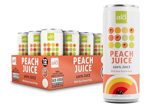 ALO Slim Can Juice, Peach with Real Fruit Pulp| 10.82 fl oz, Pack of 12 | Plant-Based Beverage, 100% Natural Juice