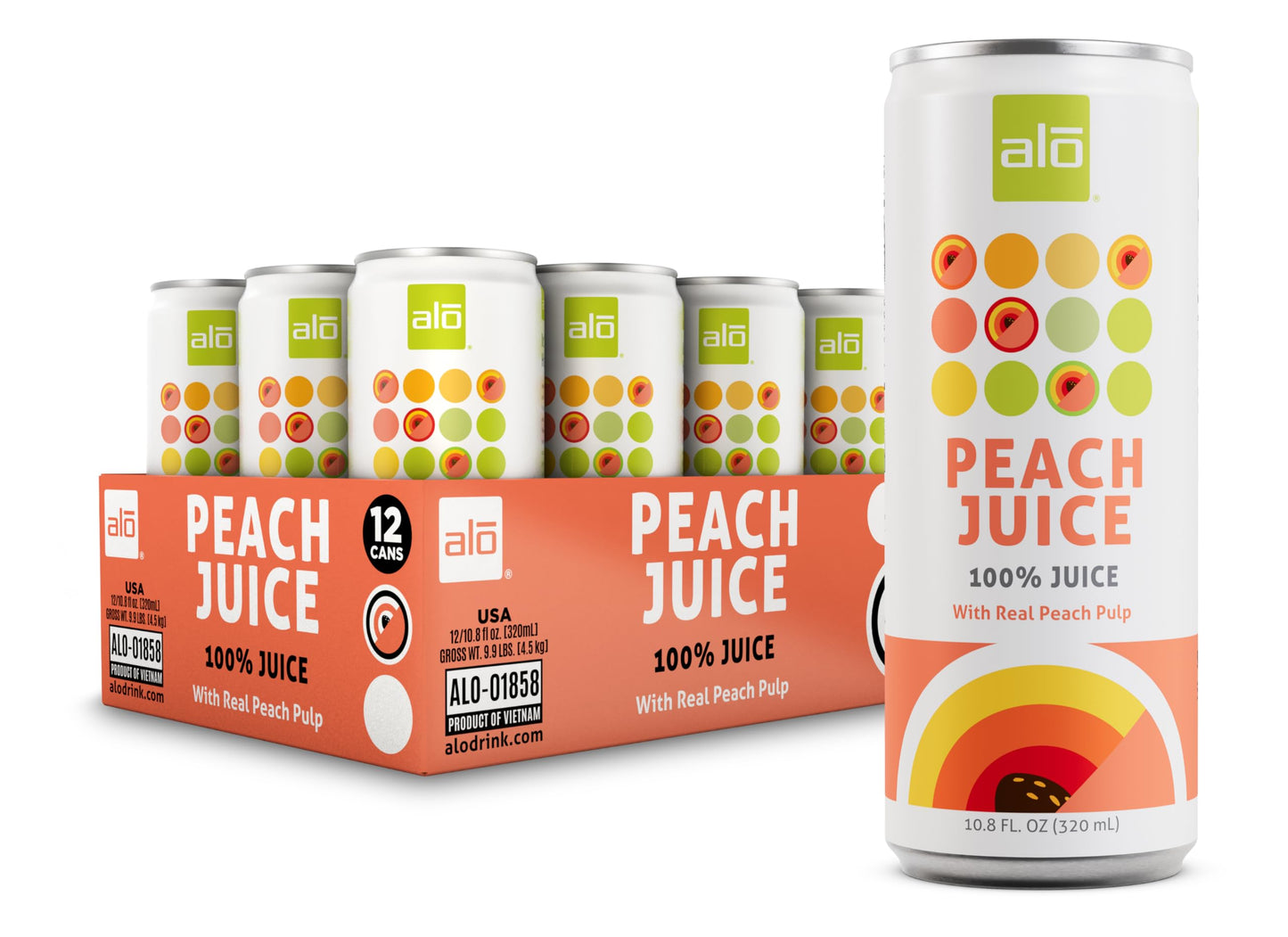 ALO Slim Can Juice, Peach with Real Fruit Pulp| 10.82 fl oz, Pack of 12 | Plant-Based Beverage, 100% Natural Juice