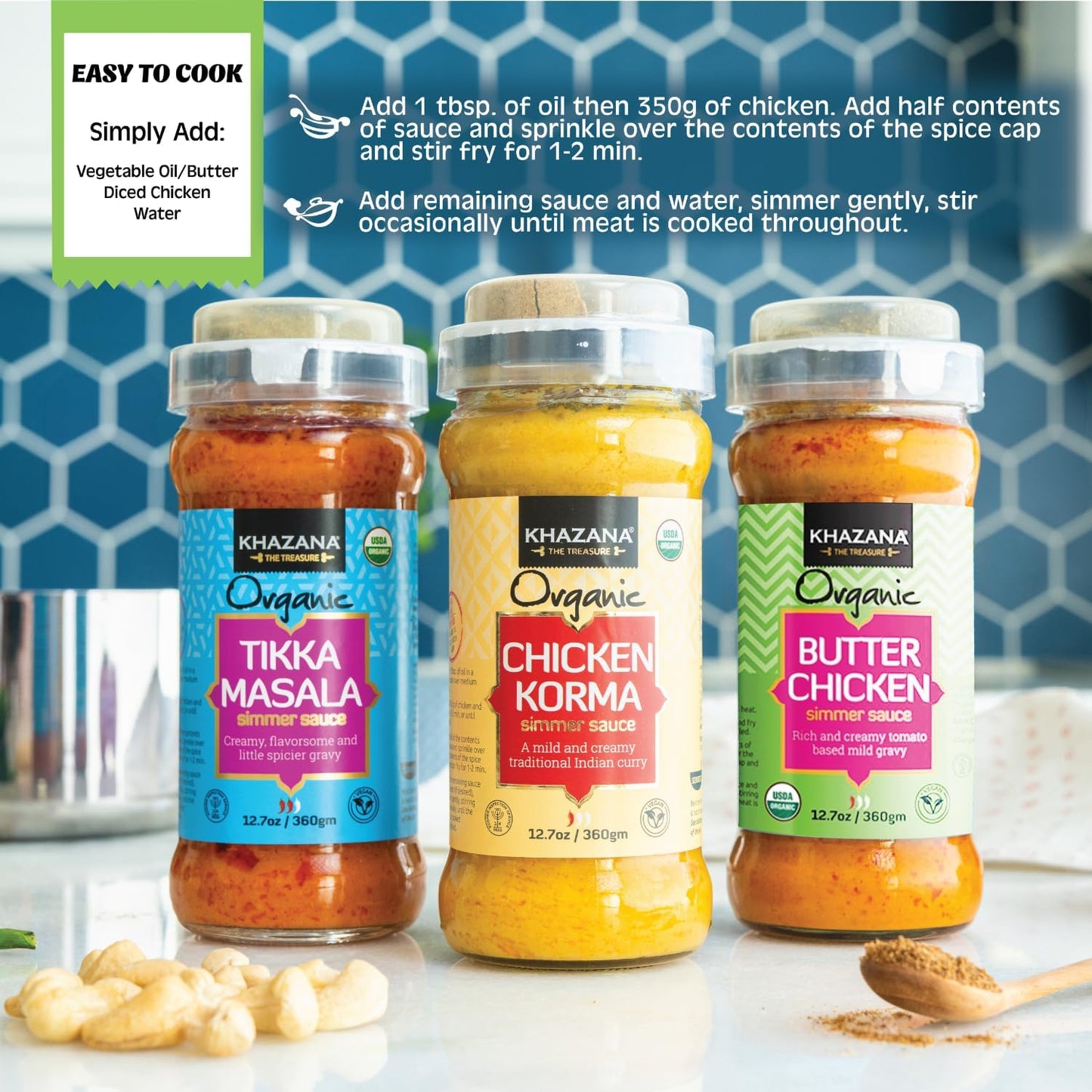 Khazana ORGANIC Butter Chicken Simmer Sauce - 6 x 12.7oz Jars | Non-GMO, Vegan, Gluten-Free, Kosher | Authentic Indian Meals Made Easy at Home!
