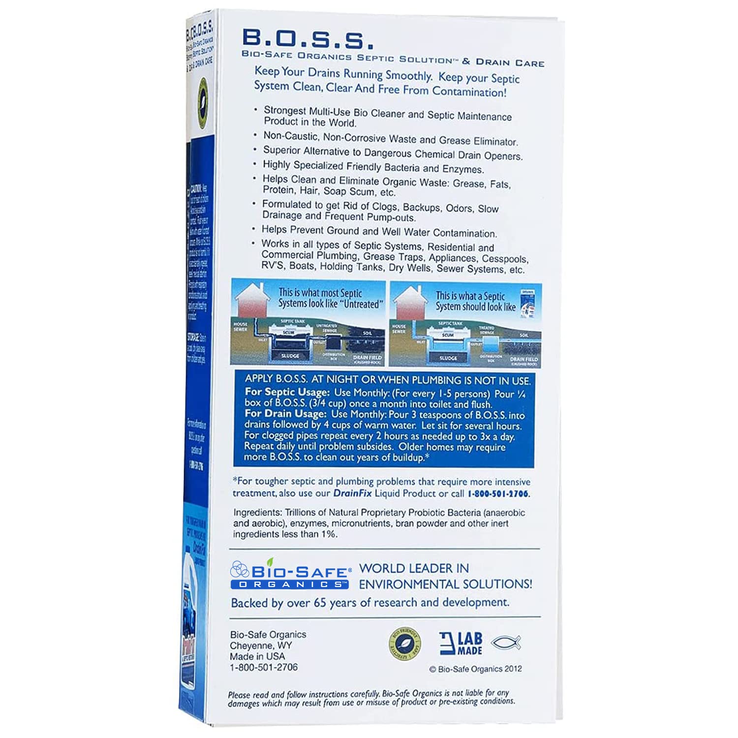 B.O.S.S. Septic Tank Treatment - 12.5oz Powder - 24 Drain or 5 Septic Doses - Patented Bacterial Enzyme - 100% Treats Odors Clogs Backups Pumpouts