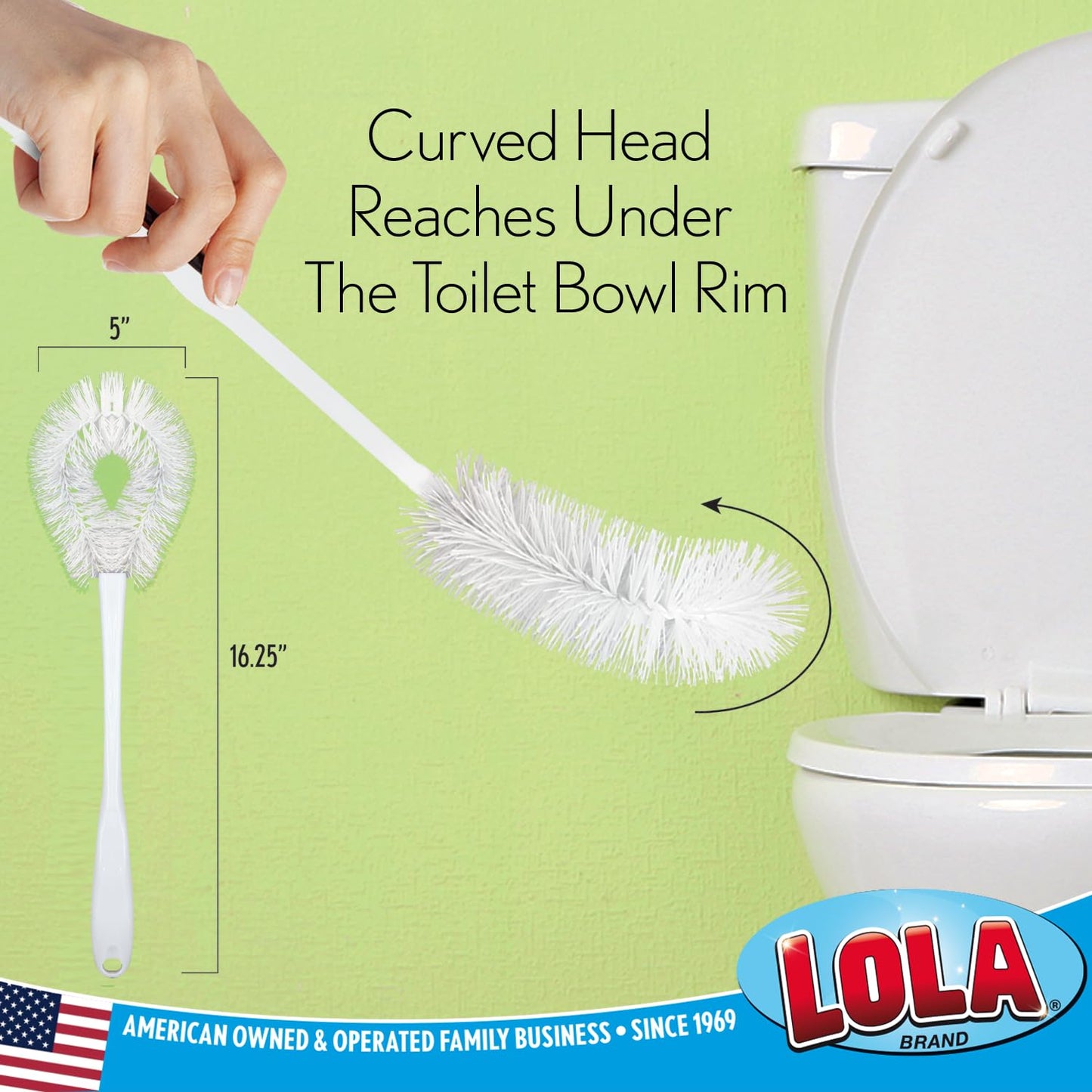 LOLA Toilet Bowl Brush w/Curved Head, Coated Wire, Durable Poly Bristles, Reaches Under Toilet Bowl Rim, 1 Pack
