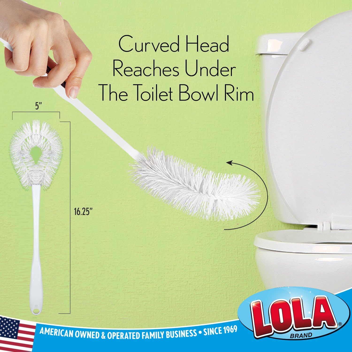 LOLA Toilet Bowl Brush w/Curved Head, Coated Wire, Durable Poly Bristles, Reaches Under Toilet Bowl Rim, 1 Pack