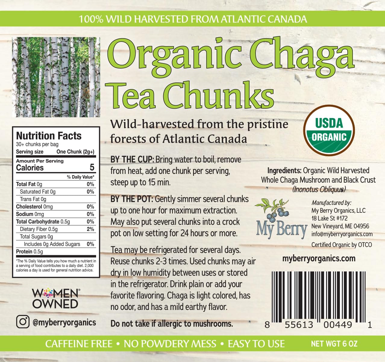 Organic Chaga Mushroom Tea Chunks by My Berry | 100% Canadian Wild-Harvested | Additive-Free Caffeine-Free Herbal Tea | 6oz