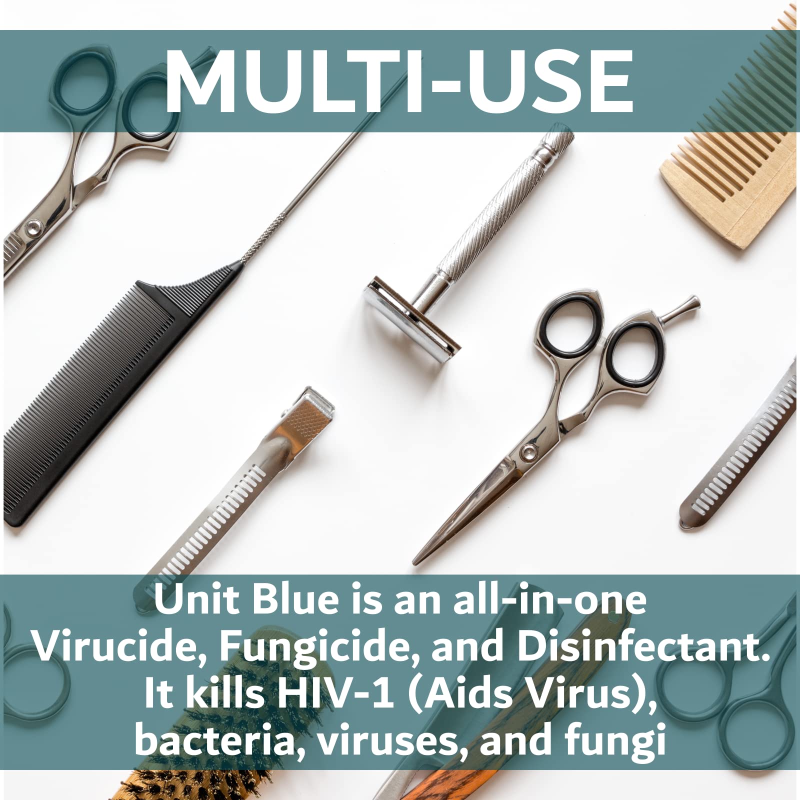 Unit Blue Germicidal Barber Disinfectant Liquid Cleaner Concentrate for Barbers - Anti-Rust Formula to Sterilize Scissors, Clips, Razors, Brush