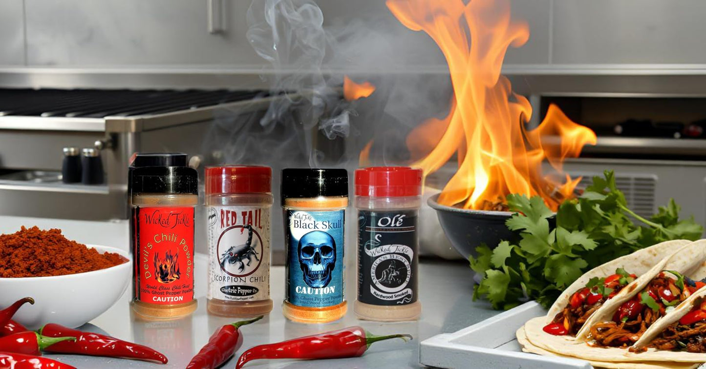 Wicked Tickle Chili Powder Gift Set, 4 Pack - Ghost, Smoked Ghost, Scorpion, Habanero Garlic Salt, 2 oz Bottles