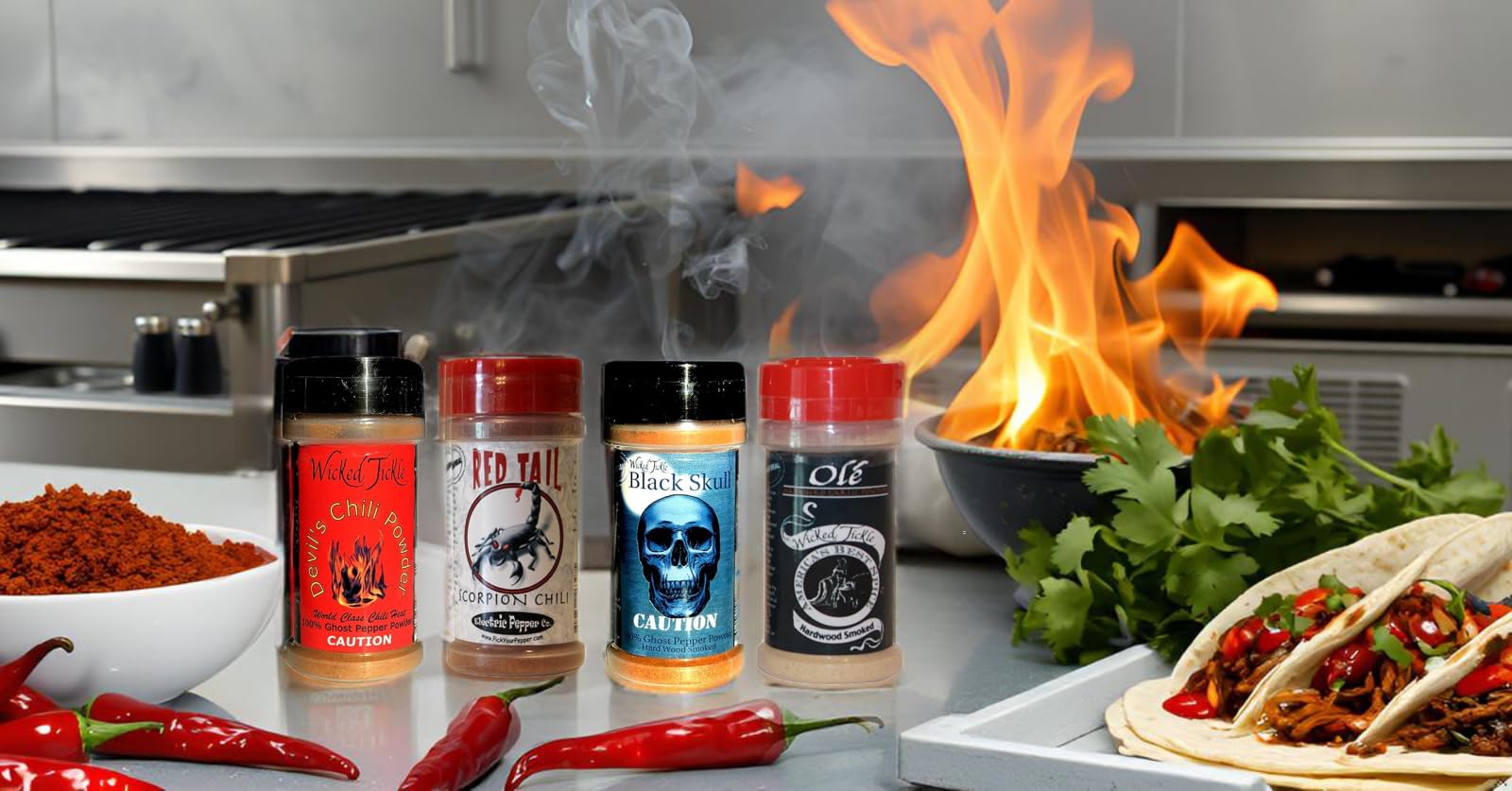 Wicked Tickle Chili Powder Gift Set, 4 Pack - Ghost, Smoked Ghost, Scorpion, Habanero Garlic Salt, 2 oz Bottles