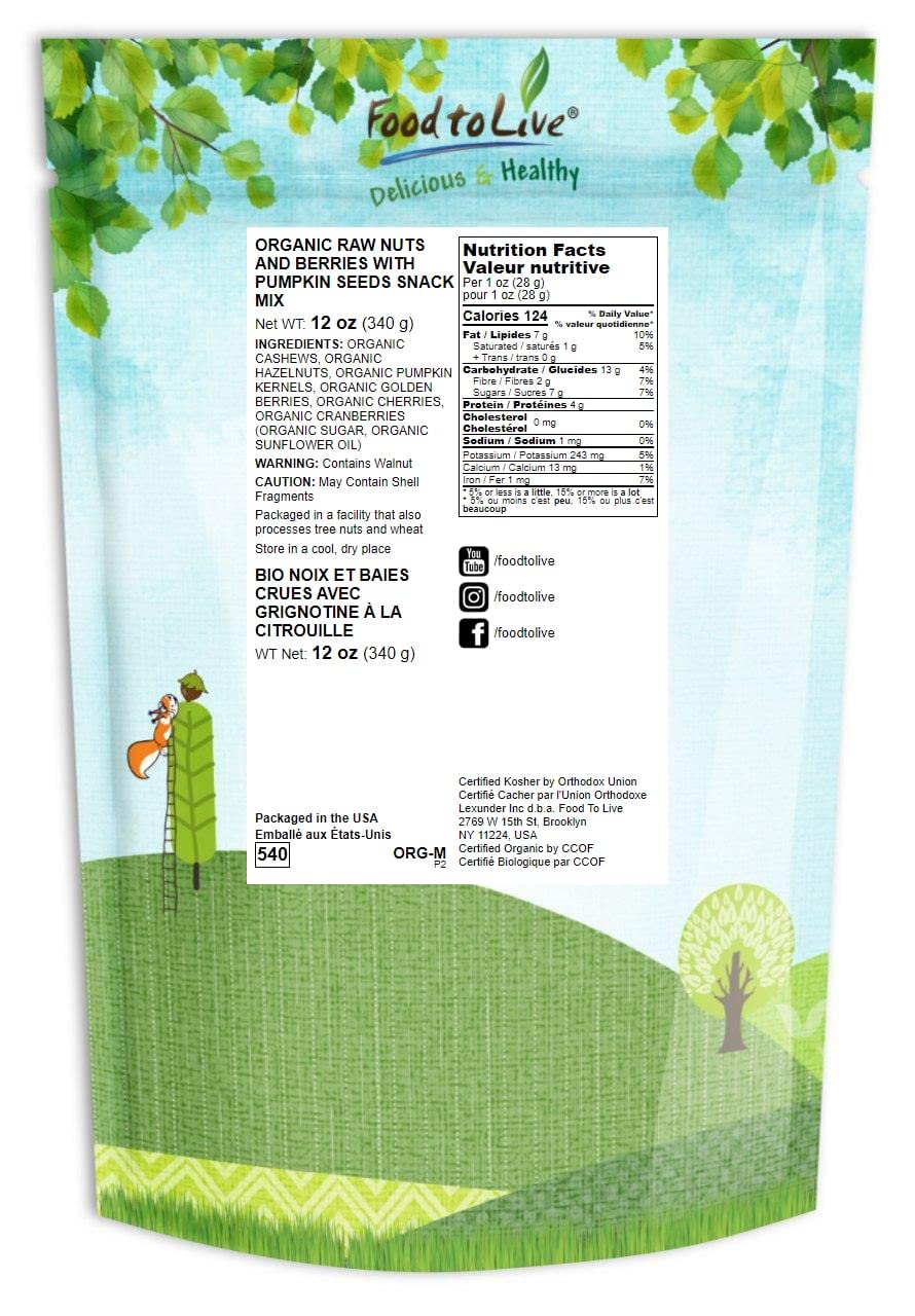 Food to Live - Organic Snack Mix, 12 Ounces - Raw Nuts and Berries with Pumpkin Seeds, Non-GMO, Non-Irradiated, Kosher, Vegan Superfood, Bulk, Great