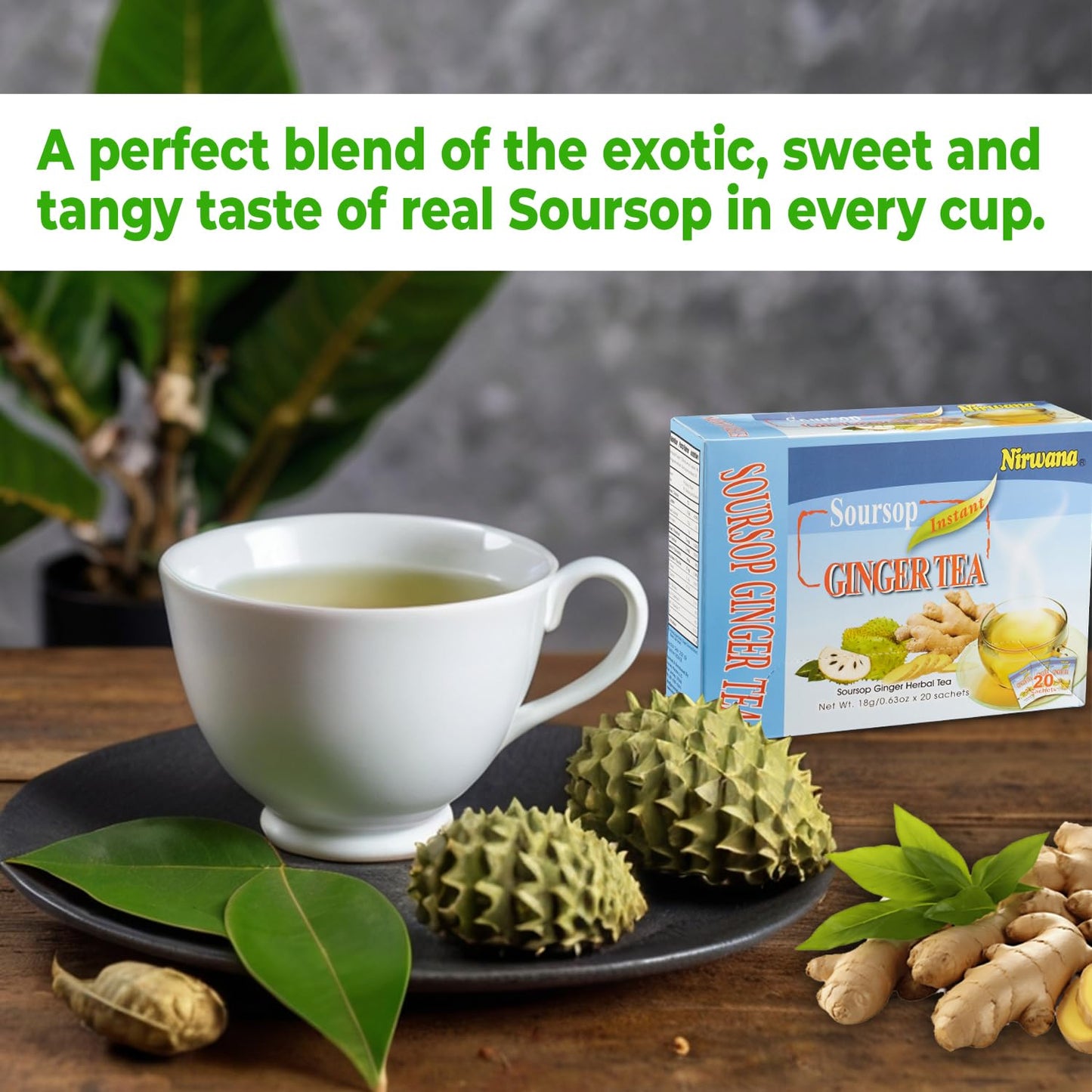 Soursop Ginger Tea - Refreshing Herbal Blend with Cinnamon & Lemon - Loose Leaf or Tea Bags 20 sachets Instant Tea