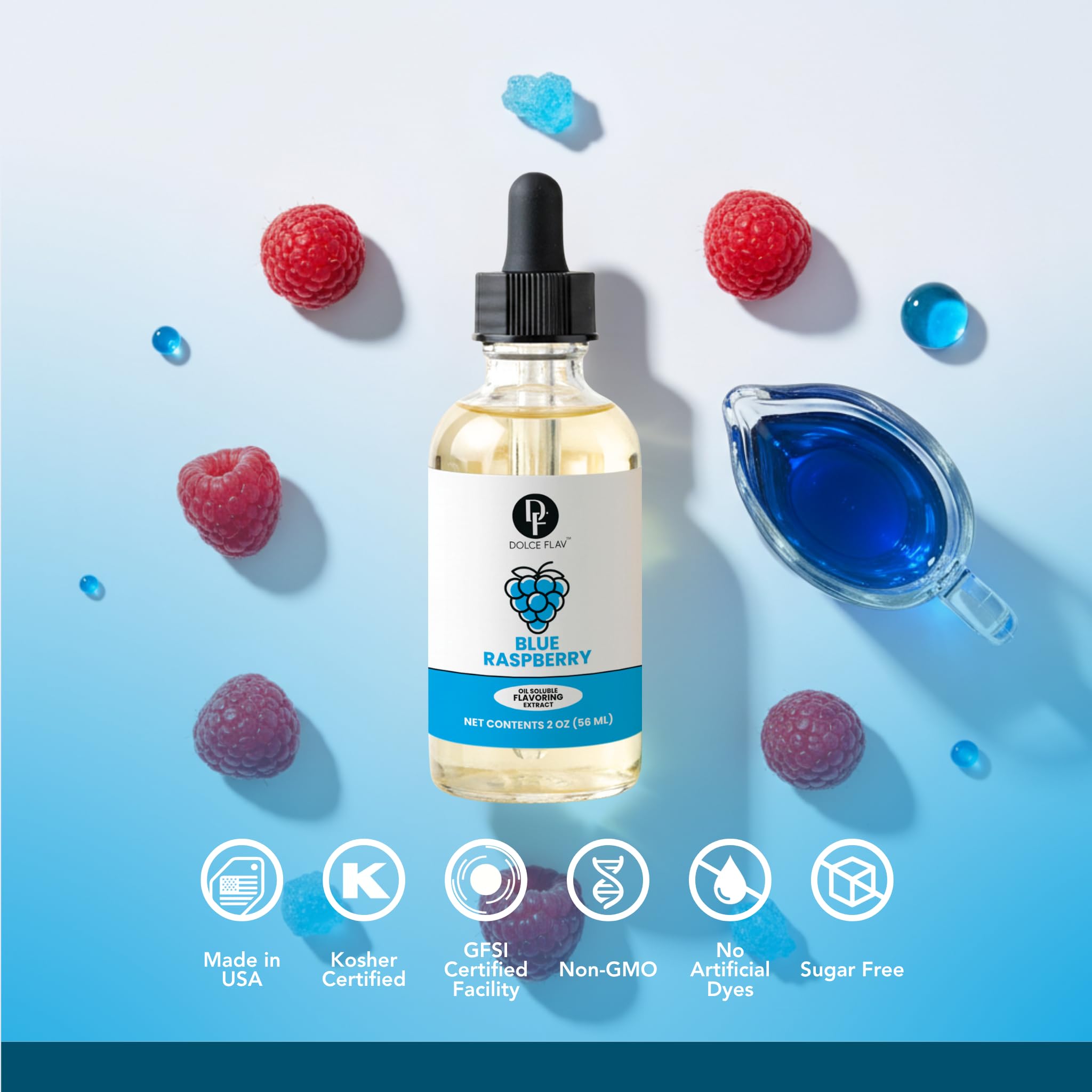 Dolce Flav Blue Raspberry Extract - 2 Ounce Oil-Soluble Kosher, Sugar-Free, Concentrated Blue Raspberry Flavoring for Baking, Chocolates & Desserts