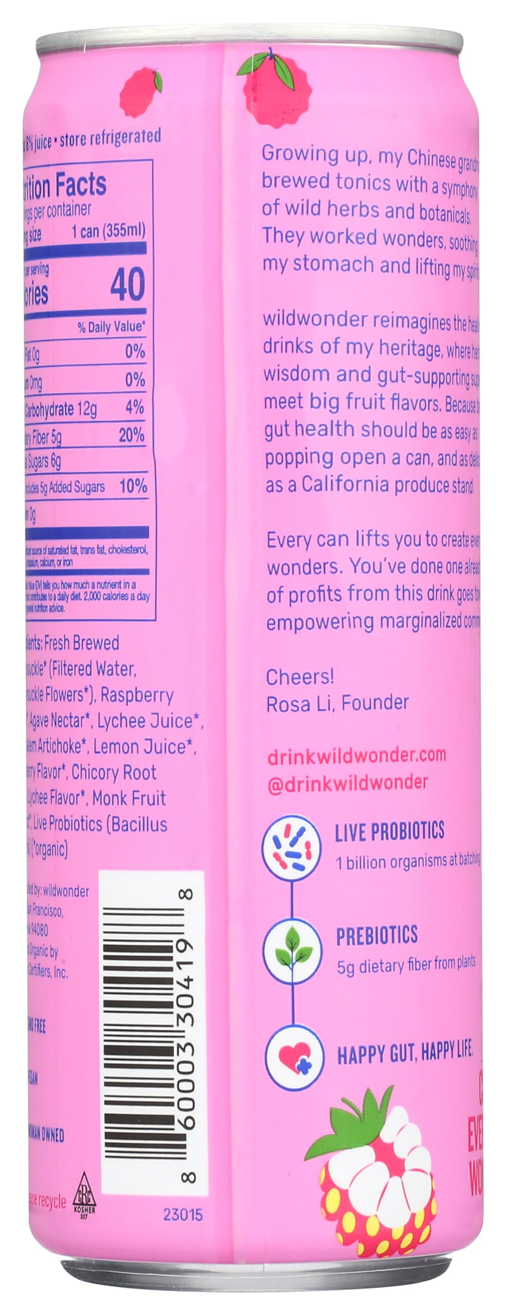 Wild Wonder Organic Raspberry Lychee Sparkling Probiotic Drink, 12 FZ