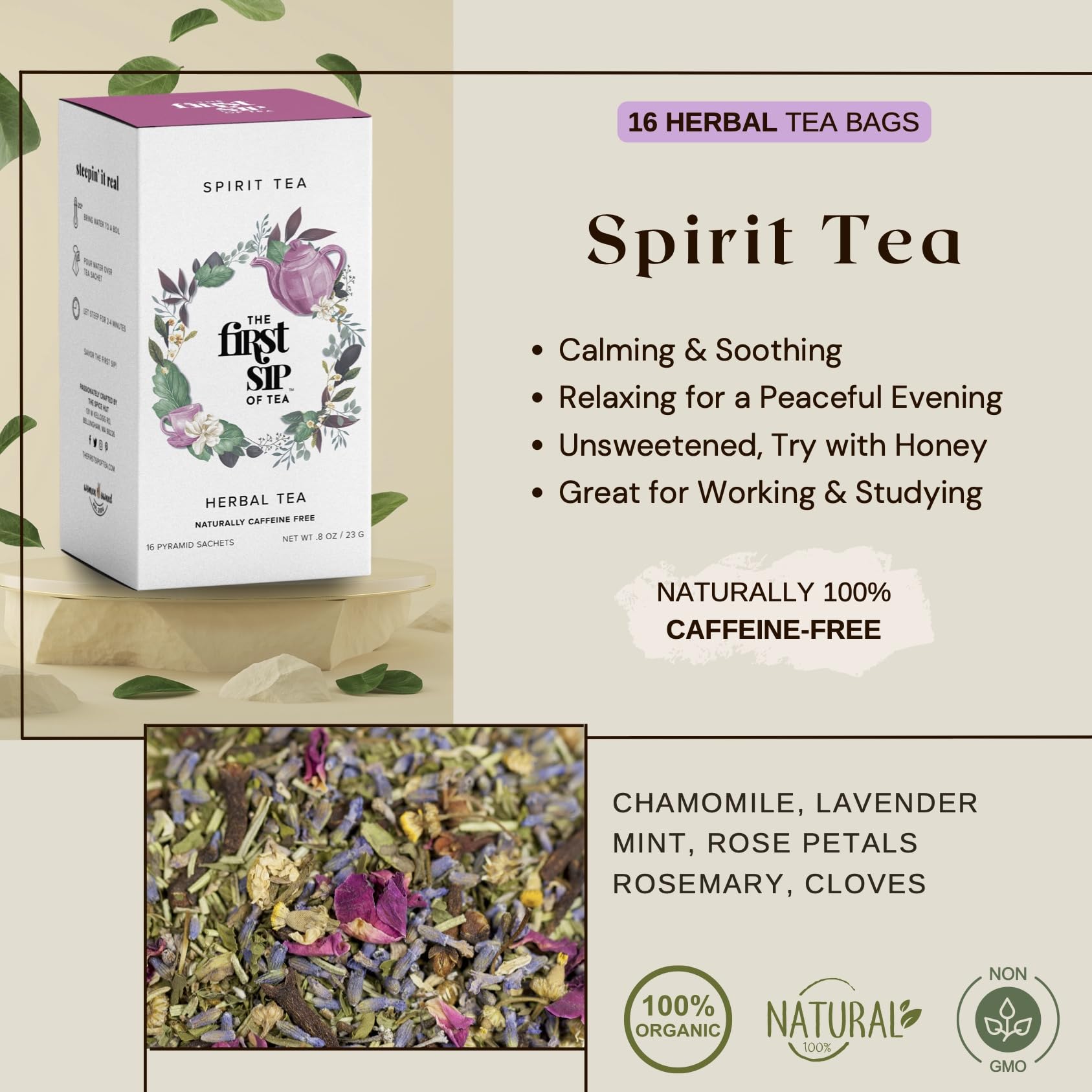Spirit Tea, Herbal Tea Bags, Chamomile, Lavender, Rose, Cloves, Caffeine-Free, Calming Stress Relief & Health Support Evening Tea - 16 Cups | The
