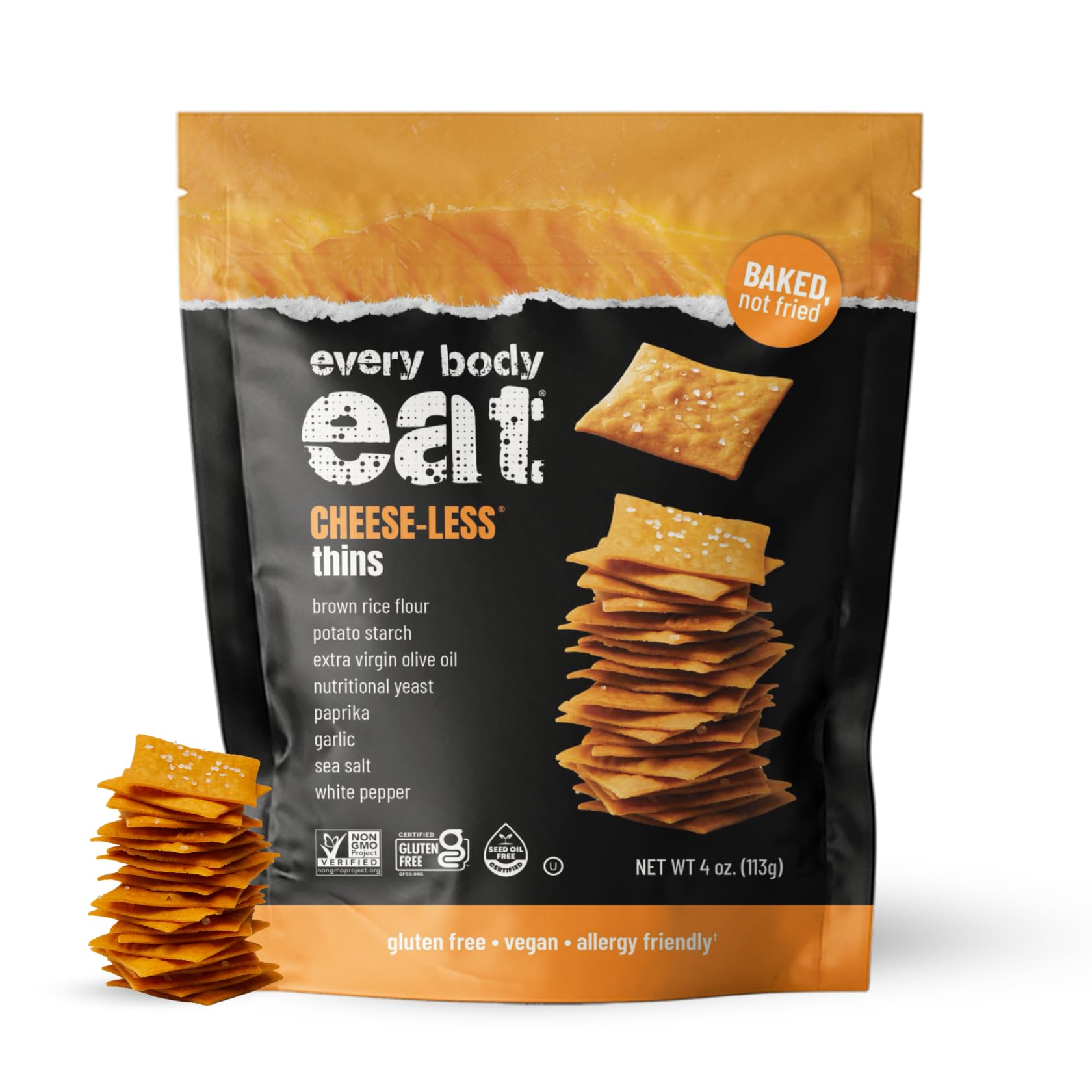 Every Body Eat Snack Cracker Thins, Cheese-Less - Gluten Free, Vegan, Dairy Free, and Seed Oil Free, 4oz
