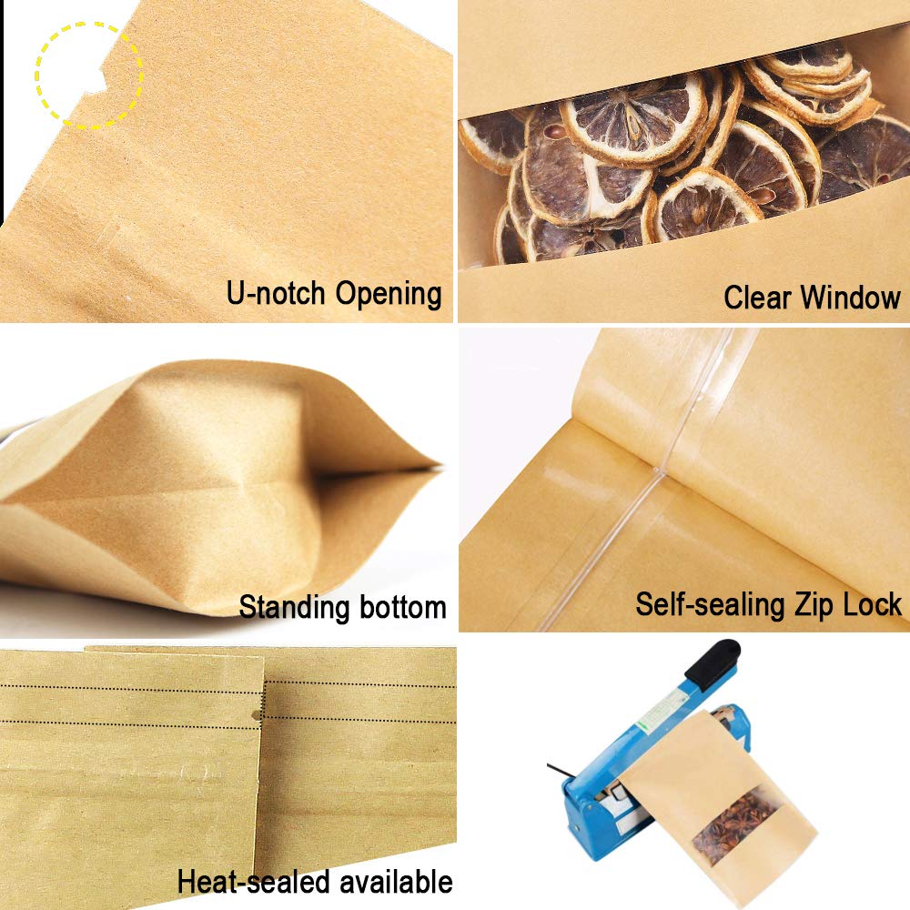 100 Pcs Resealable Stand Up kraft Paper Bags with Window for Packaging Products, Reusable Zip Lock Food Storage Pouch Bags (3.9" x 5.9")
