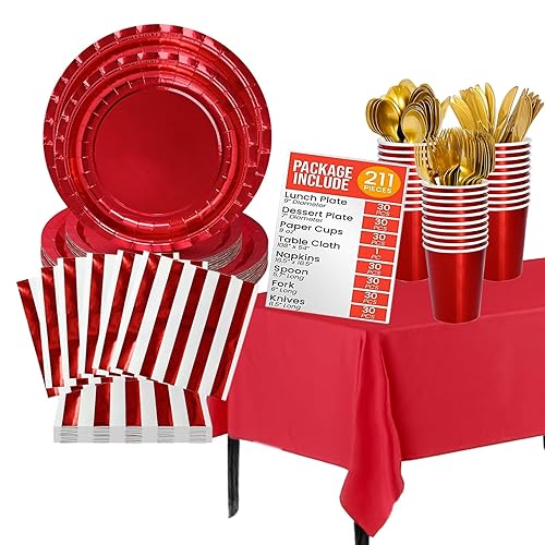 Jubi 211pcs Shiny Red Plates and Napkins Party Supplies for 30 Guests - Shiny Red Party Plates, Cups, Cutleries, and Napkins Set with Tablecloth