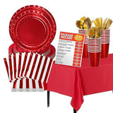 Jubi 211pcs Shiny Red Plates and Napkins Party Supplies for 30 Guests - Shiny Red Party Plates, Cups, Cutleries, and Napkins Set with Tablecloth