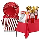 Jubi 211pcs Shiny Red Plates and Napkins Party Supplies for 30 Guests - Shiny Red Party Plates, Cups, Cutleries, and Napkins Set with Tablecloth