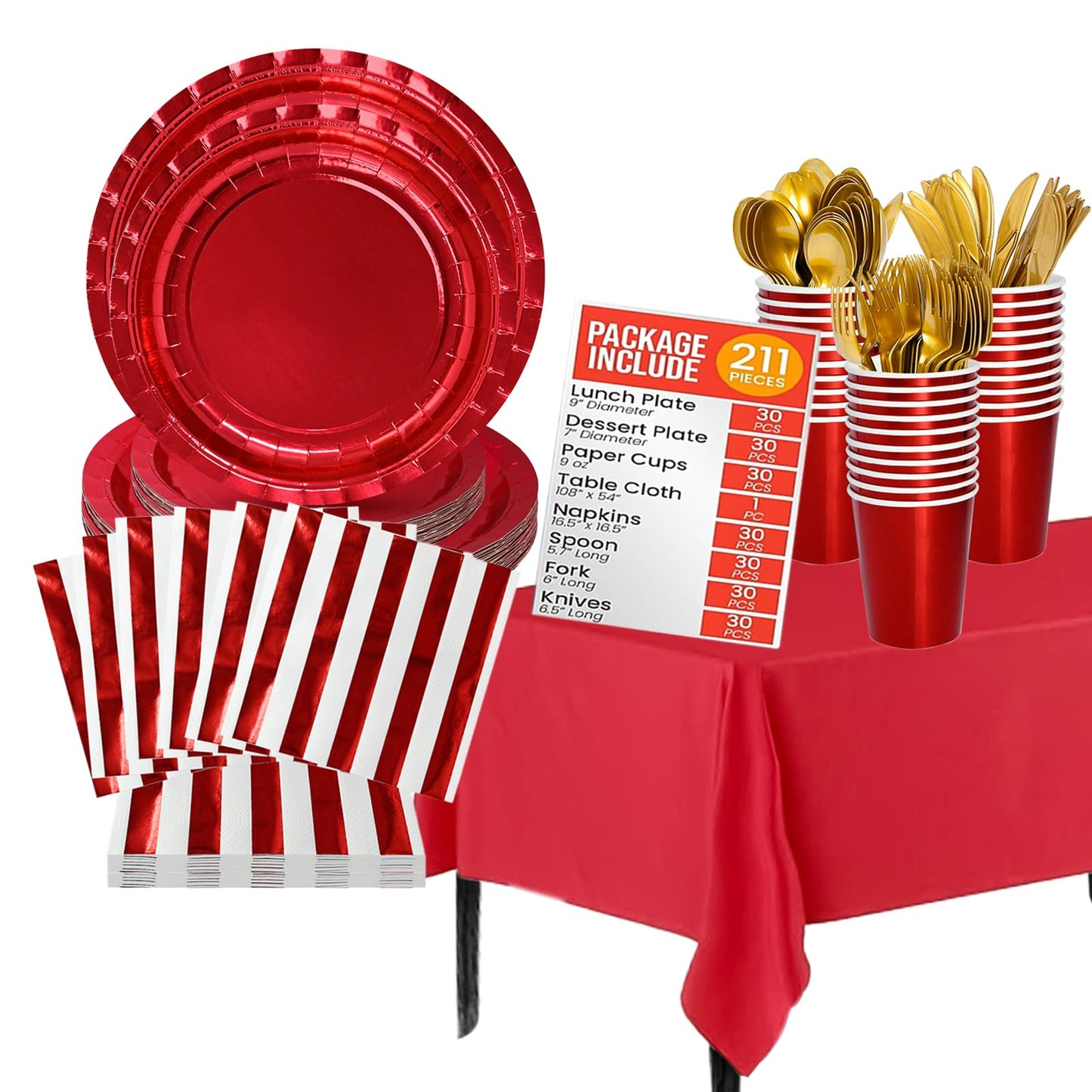 Jubi 211pcs Shiny Red Plates and Napkins Party Supplies for 30 Guests - Shiny Red Party Plates, Cups, Cutleries, and Napkins Set with Tablecloth