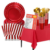Jubi 211pcs Shiny Red Plates and Napkins Party Supplies for 30 Guests - Shiny Red Party Plates, Cups, Cutleries, and Napkins Set with Tablecloth