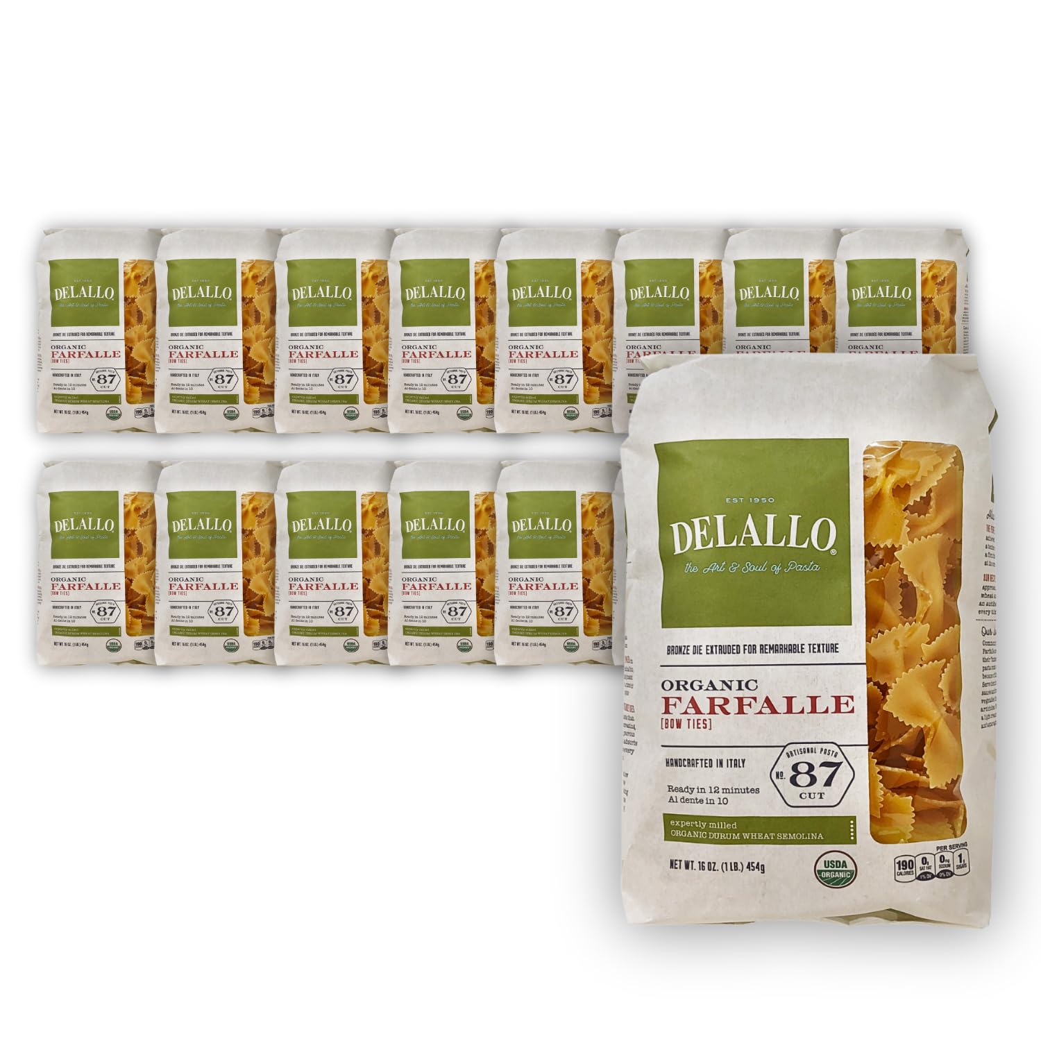 DeLallo Organic Farfalle Pasta, Made with Only 100% Semolina Durum Wheat Flour, Bronze Cut, Made in Italy, Kosher, Vegan, Non-GMO, Bow-Tie Pasta