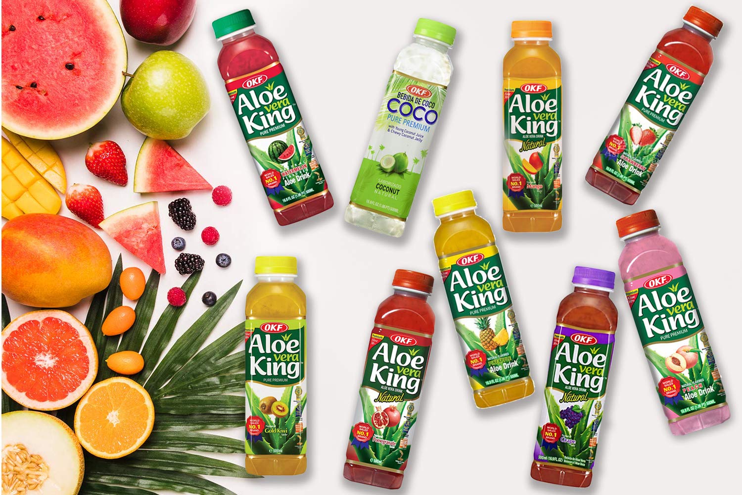 OKF Aloe Vera King Drink, Flavors includes Coco, Original, Grape, Mango, Pineapple, Watermelon, Pomegranate, Gold Kiwi, Peach, and Strawberry (10