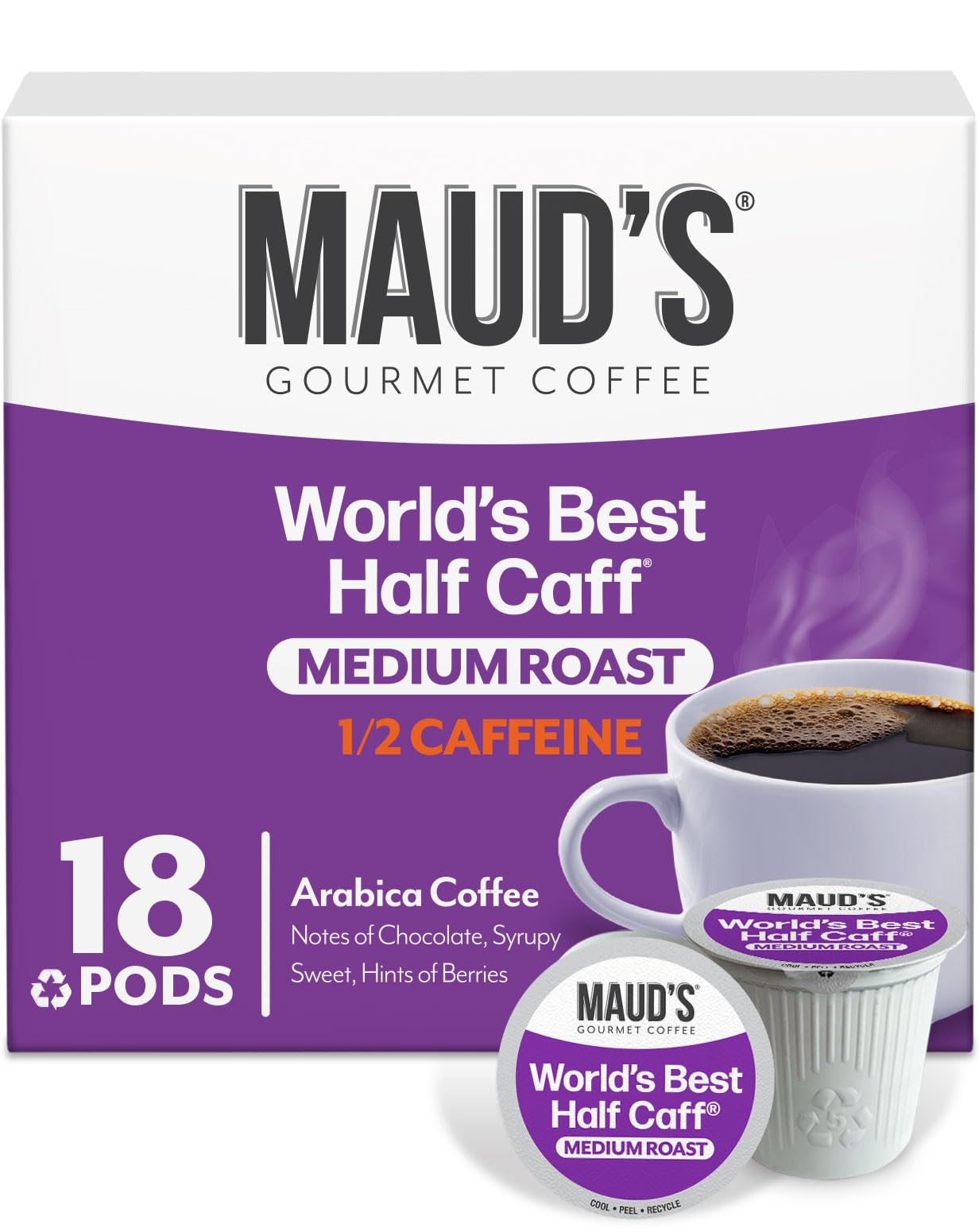 Maud's Half Caff Coffee Pods, 18 ct, Medium Roast Coffee in Single Serve Pods - 100% Arabica Coffee, Compatible with Keurig K Cups Maker