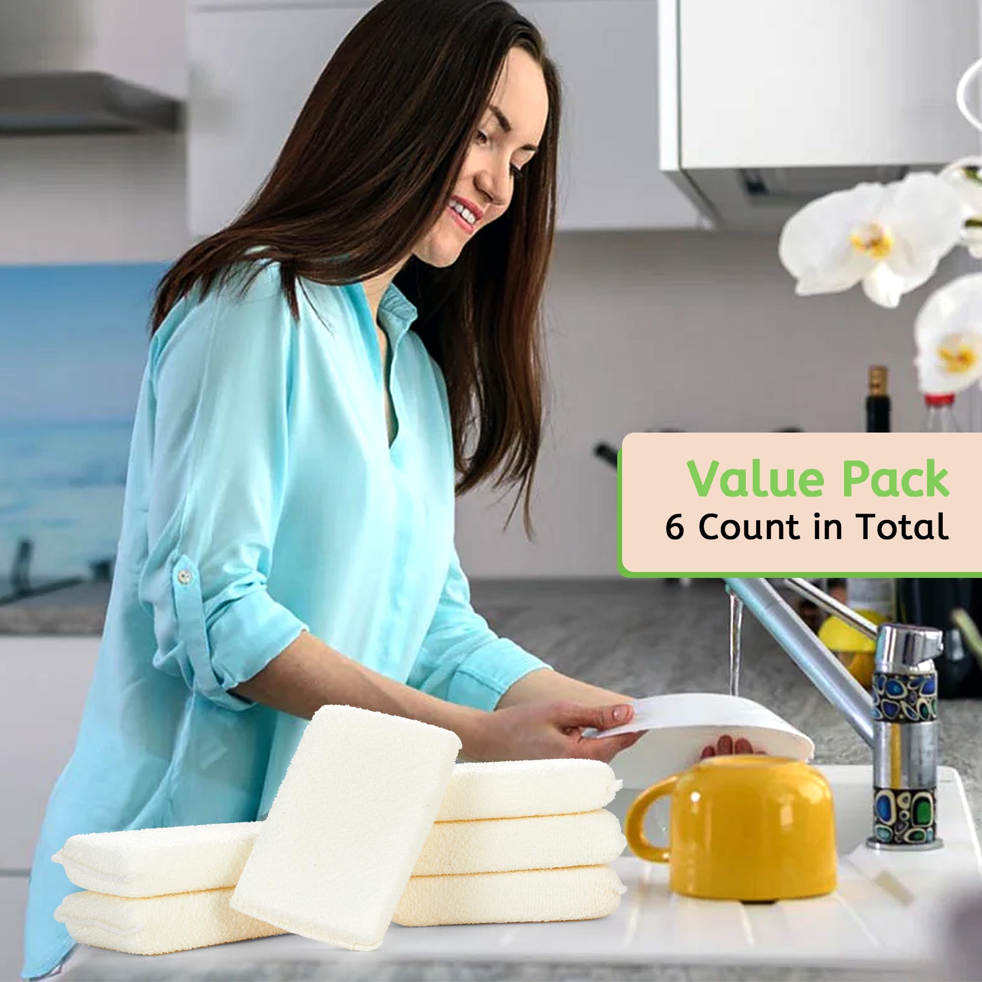 Practical Matter Kitchen Sponge, Organic Cotton Fiber All-Purpose Dish Sponges for Washing Dishes and Cleaning All Surfaces, Durable Non Scratch