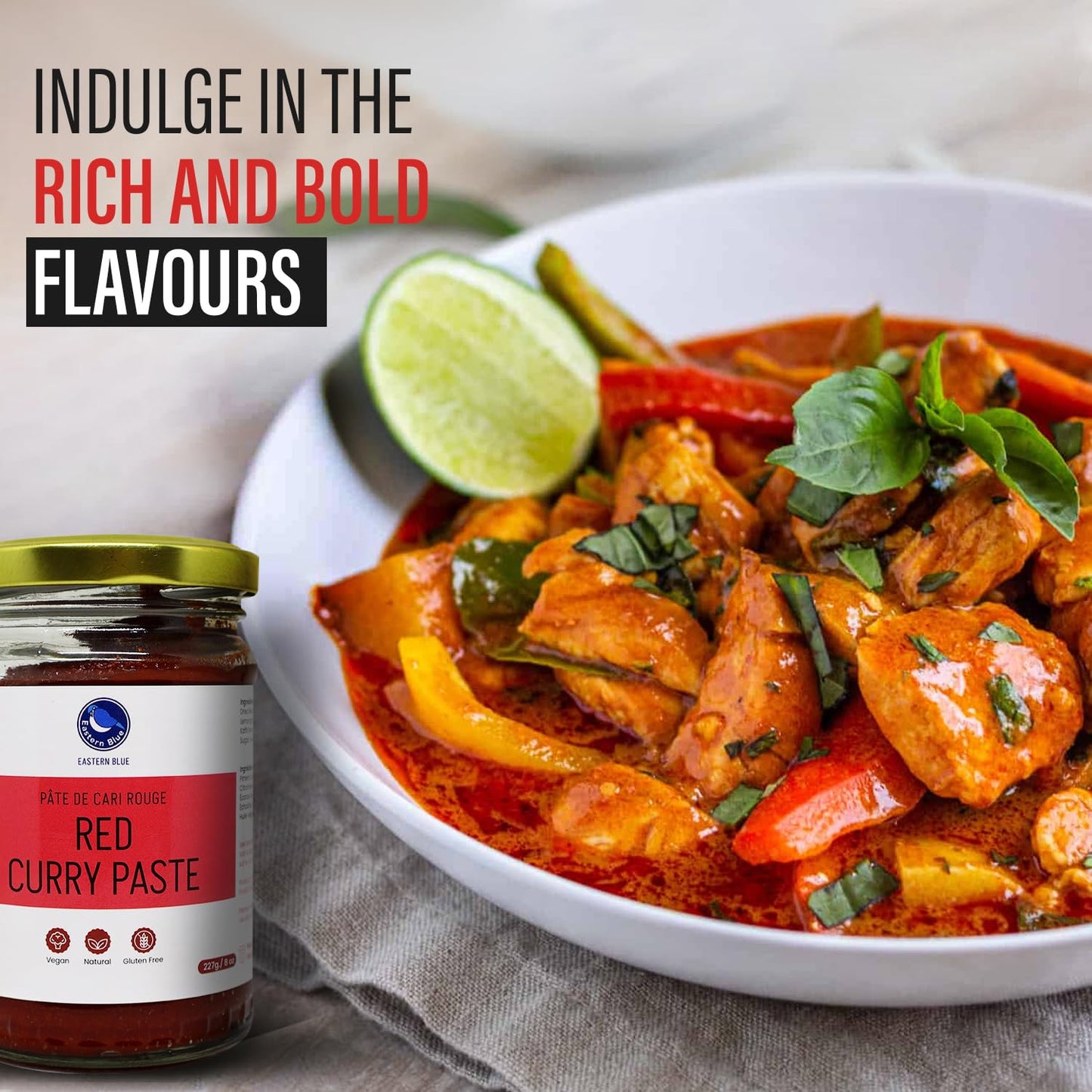 Thai Red Curry Paste 8 Oz | Vegan, Gluten Free & Nut Free | Authentic Eastern Blue Thai Curry Paste for Tasty Dishes and Curries | 227g