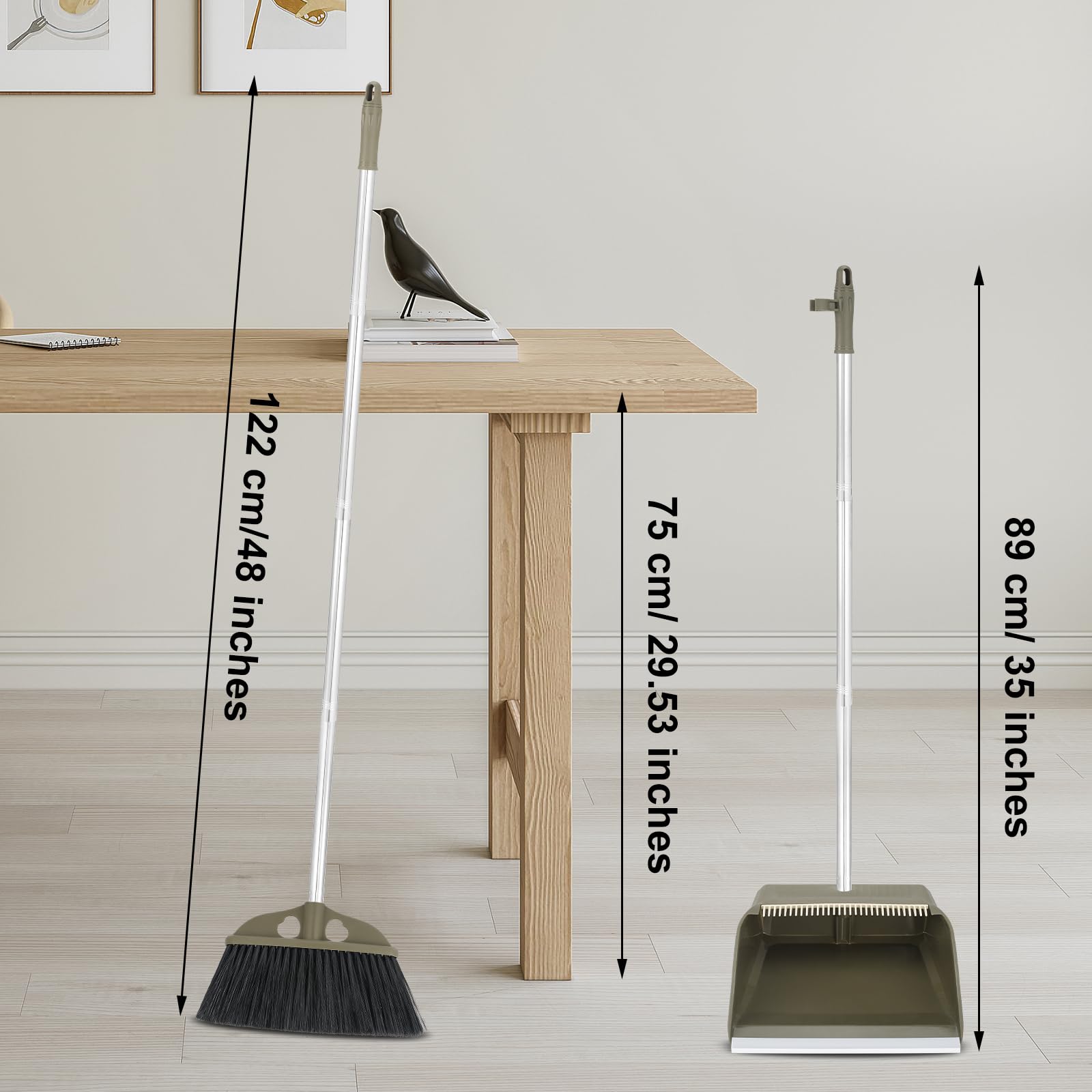 Upgrade Broom with Dustpan Combo Set,48'' Long Handle Stiff Broom Bristles with Heavy Duty Dust Pan,Indoor Outdoor Easy Sweeping for Kitchen Lobby