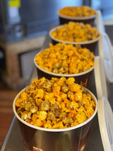Signature Popcorn - Gourmet 1-Gallon Gold Chicago Skyline Reusable Plastic Bucket Tin, Perfect Duo (Cheddar Cheese & Caramel Popcorn Mix) - Holiday
