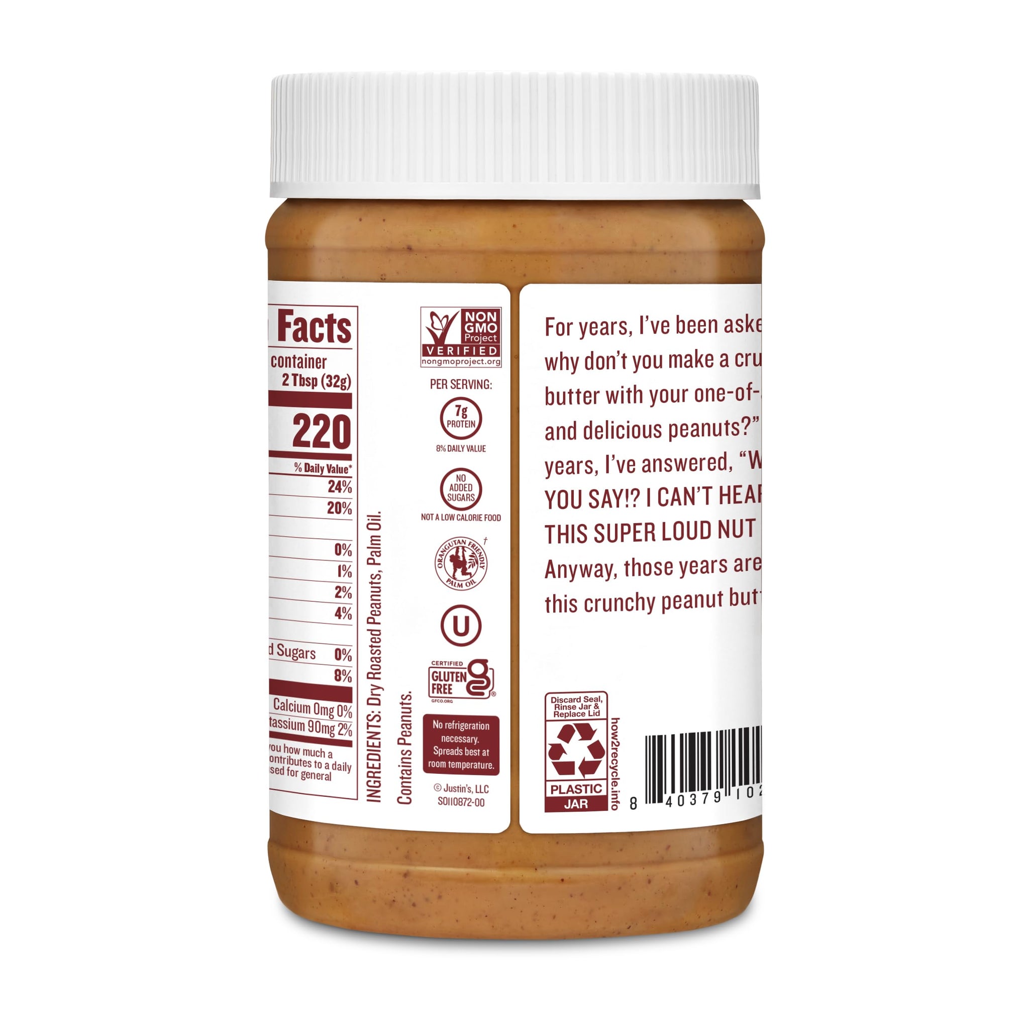 Justin's Crunchy Classic Peanut Butter 16oz. Jar, Gluten Free, Non-GMO, Responsibly Sourced