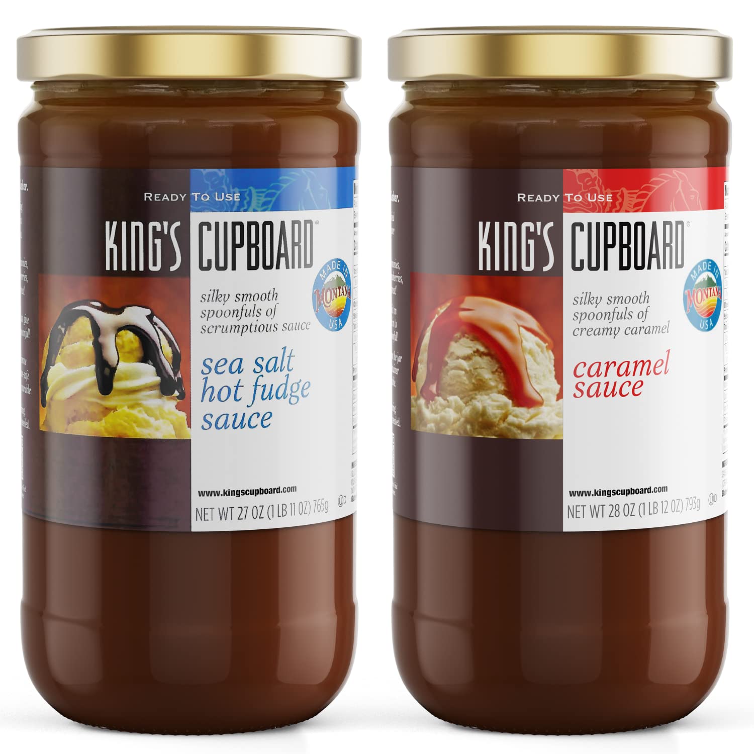 KING'S CUPBOARD Caramel Sauce and Sea Salt Hot Fudge Combo Pack - 2 jar Dessert Sauce and Ice Cream Topping, Chocolate and Caramel Syrup, Perfect