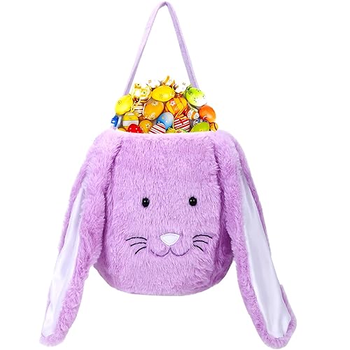 Plush Easter Bunny Basket, Monogrammed Bunny Easter Buckets with Long Plush Ear, Egg Hunting Easter Gift Bags Easter Tote Bags for Easter Decorations