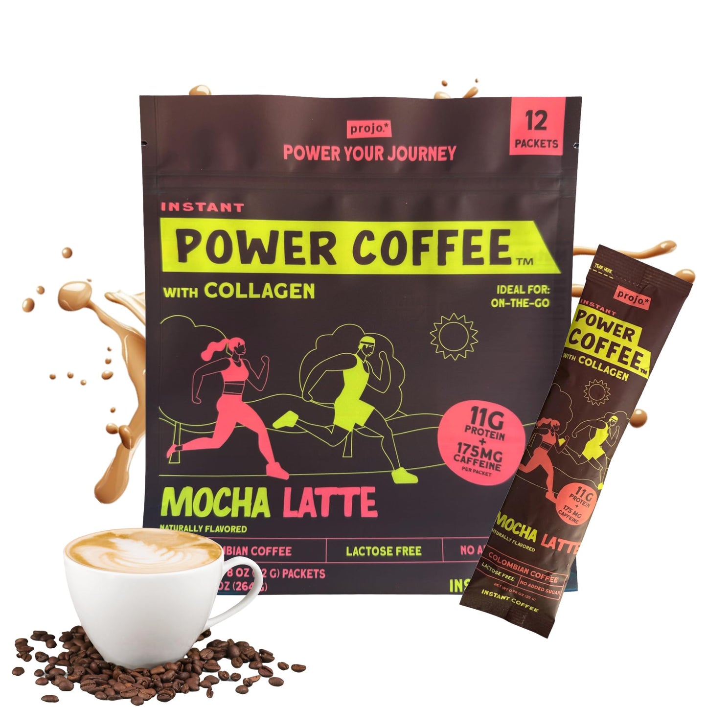 Projo* Power Coffee - Instant Coffee with 11g Protein - Grass-Fed Hydrolyzed Bovine Collagen & 175mg Caffeine - Mocha Latte Flavor - Organic - Energy