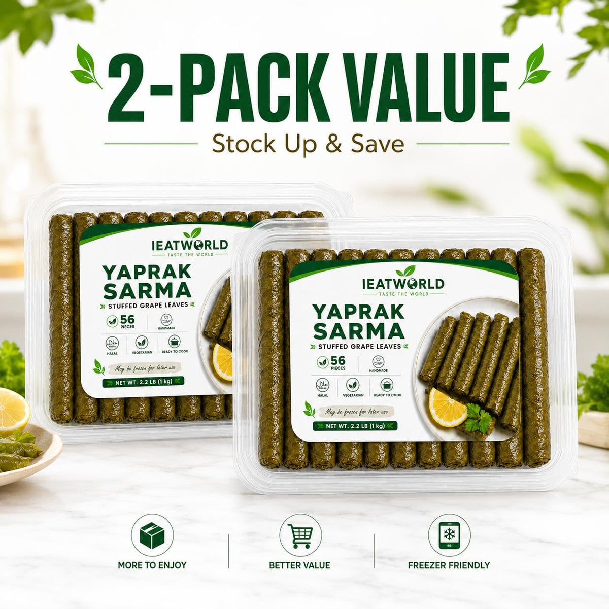 IEATWORLD Stuffed Dolma Collection - Ready to Cook Rice-Stuffed Vegetables, Mediterranean Style (2 Pack, Stuffed Grape Leaves)