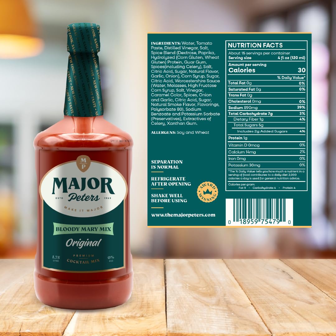 Major Peters' Premium, Full Body Bloody Mary Mix, Only Add Spirits & Garnishes for Ideal Drink, Original (59.2 Fl Ounce, Pack of 1)