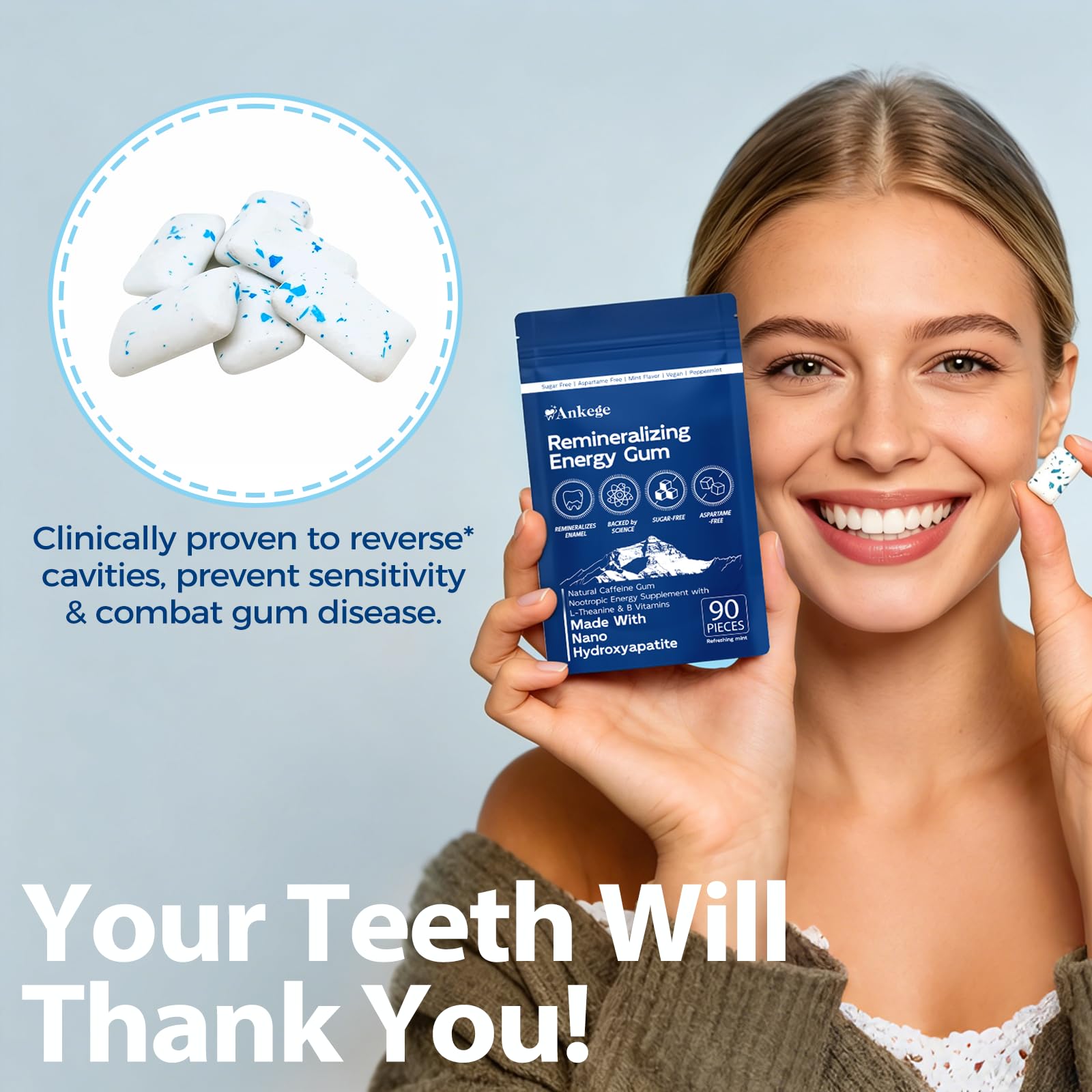 90 Pieces Remineralizing Gum & Energy Gum, with Nano-Hydroxyapatite & Xylitol, SugarFree Chewing Gum for Enamel Repair, Cavity Protection & Receding