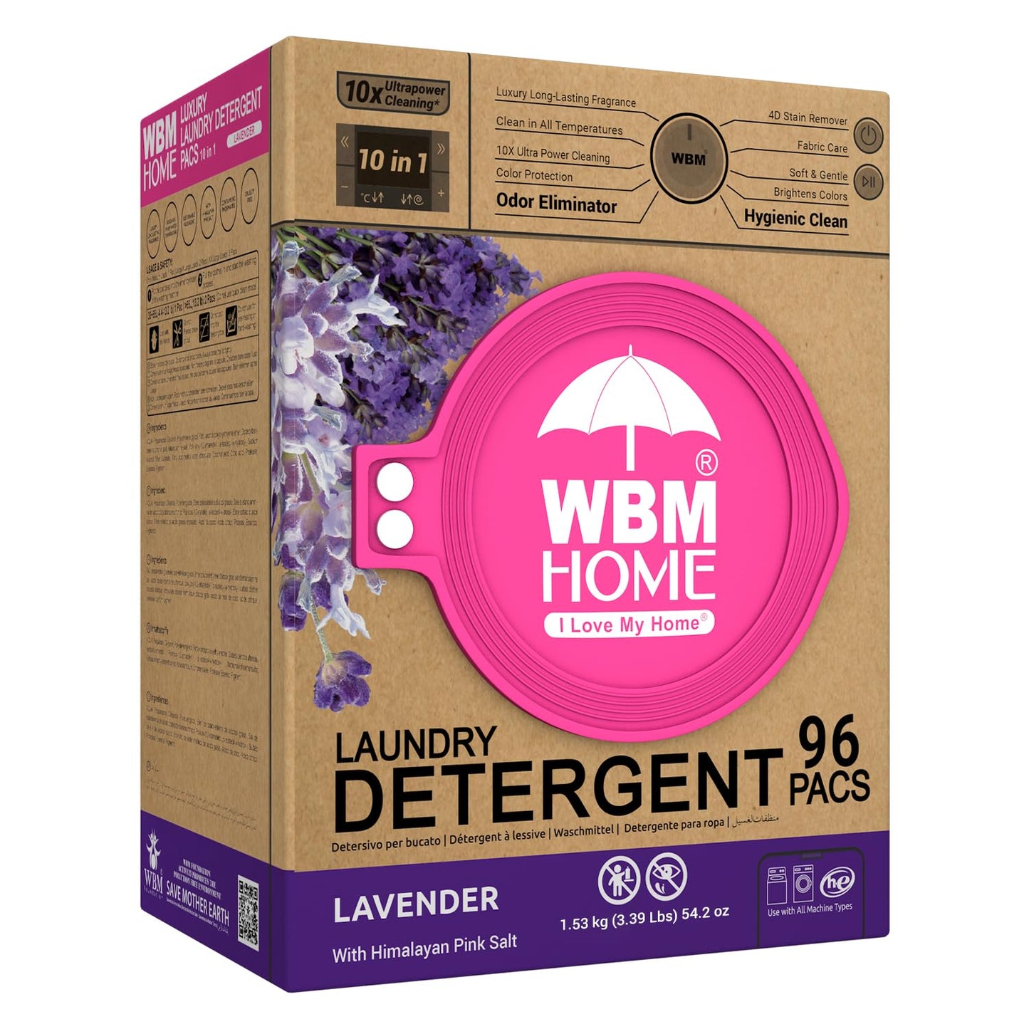WBM 10-in-1 Laundry Pods with Softener & Scent Booster, 96 Count, High Efficiency (HE), Fabric Softener, Lavender Extracts, Stain Lifter