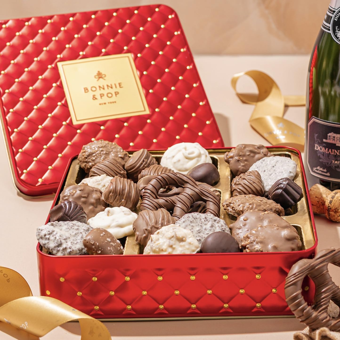 Chinese New Year Chocolate Gift Tin - Gourmet Chocolate Assortment Gift Box, Red Candy Tin with Premium Milk & Dark Chocolates, Lunar New Year Gift