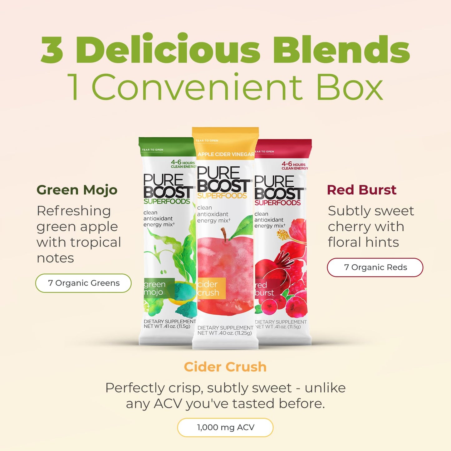 Pureboost Sugar-Free Superfoods Clean Energy Booster, Combo Pack 30 Count, Energy Drink Mix with Apple Cider Vinegar, 7 Organic Red or Green