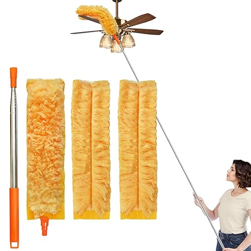 100" Reachable Microfiber Feather Duster, Duster with Extension Pole, 3 pcs Replacement Duster Head, Cleaning Tools for High Ceilings and Fans